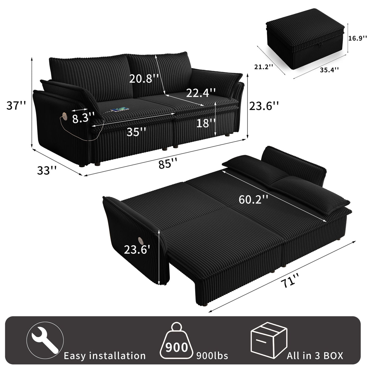  Pull Out Sofa Bed Queen Size, 85" Loveseat Sofa with Movable Ottoman, USB Charging Port, Corduroy Sofa Couch Convertible Sofa Bed for Living Room Black