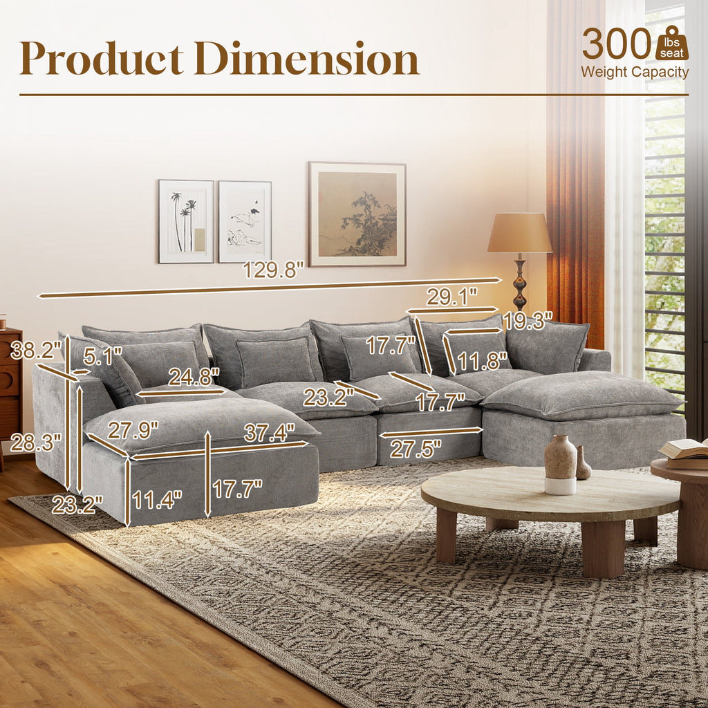 Timbernest 130" Sectional Couch, Boneless Cloud Sofa, No Assembly Required Modular U-shaped Couch for Living Room, 4 Seater, Gray