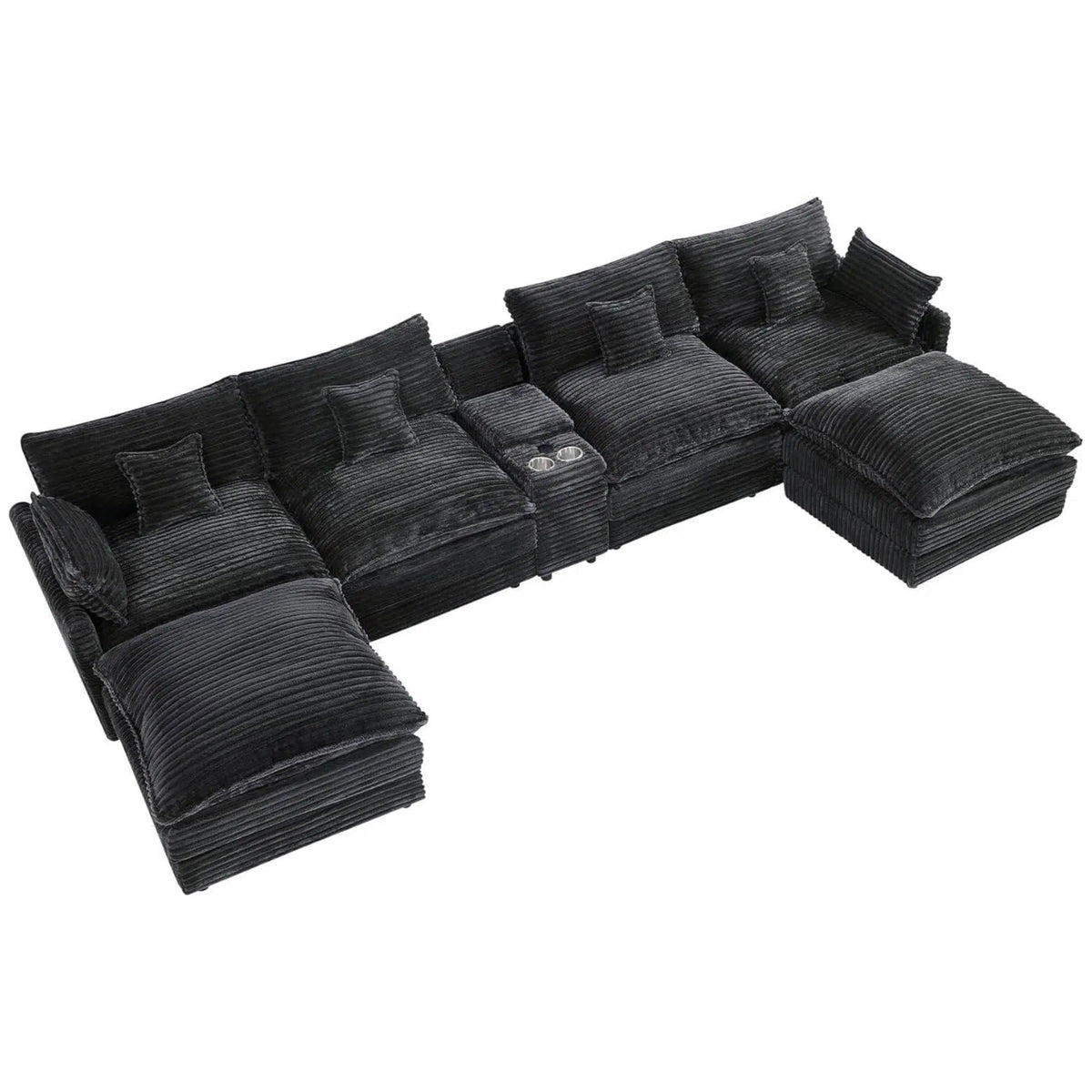 ANPPORT 145" U Shaped Cloud Modular Sectional Sofa, Corduroy Deep Seat Couch with Storage Console, USB Ports & Cup Holders for Living Room, Gray