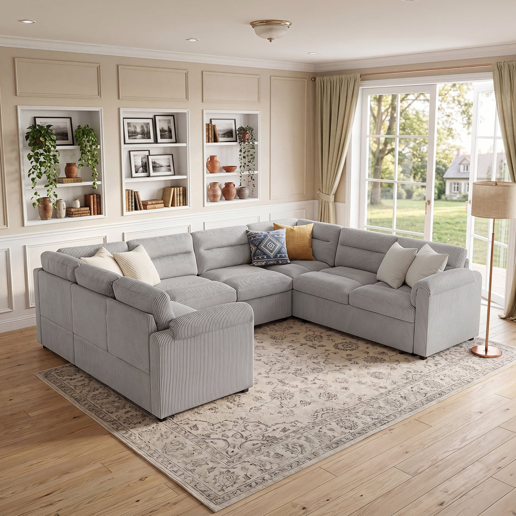  114 inch Sectional Sleeper Sofa with Pull Out Bed Convertible Corduroy Modular Sofa Upholstered Sofa Bed for Living Room Gray