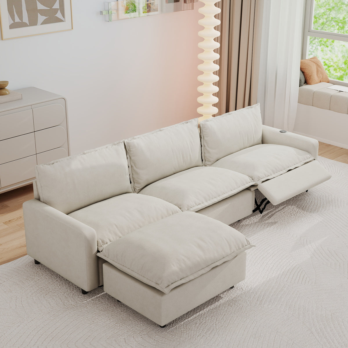 Sdorens Oversized Modular Sectional Sofa with Power Recliner,Cloud Heated Seat Reclining Couch,Charging Cup Holders,Deep L-Shaped 3 Seater with Ottoman,Beige