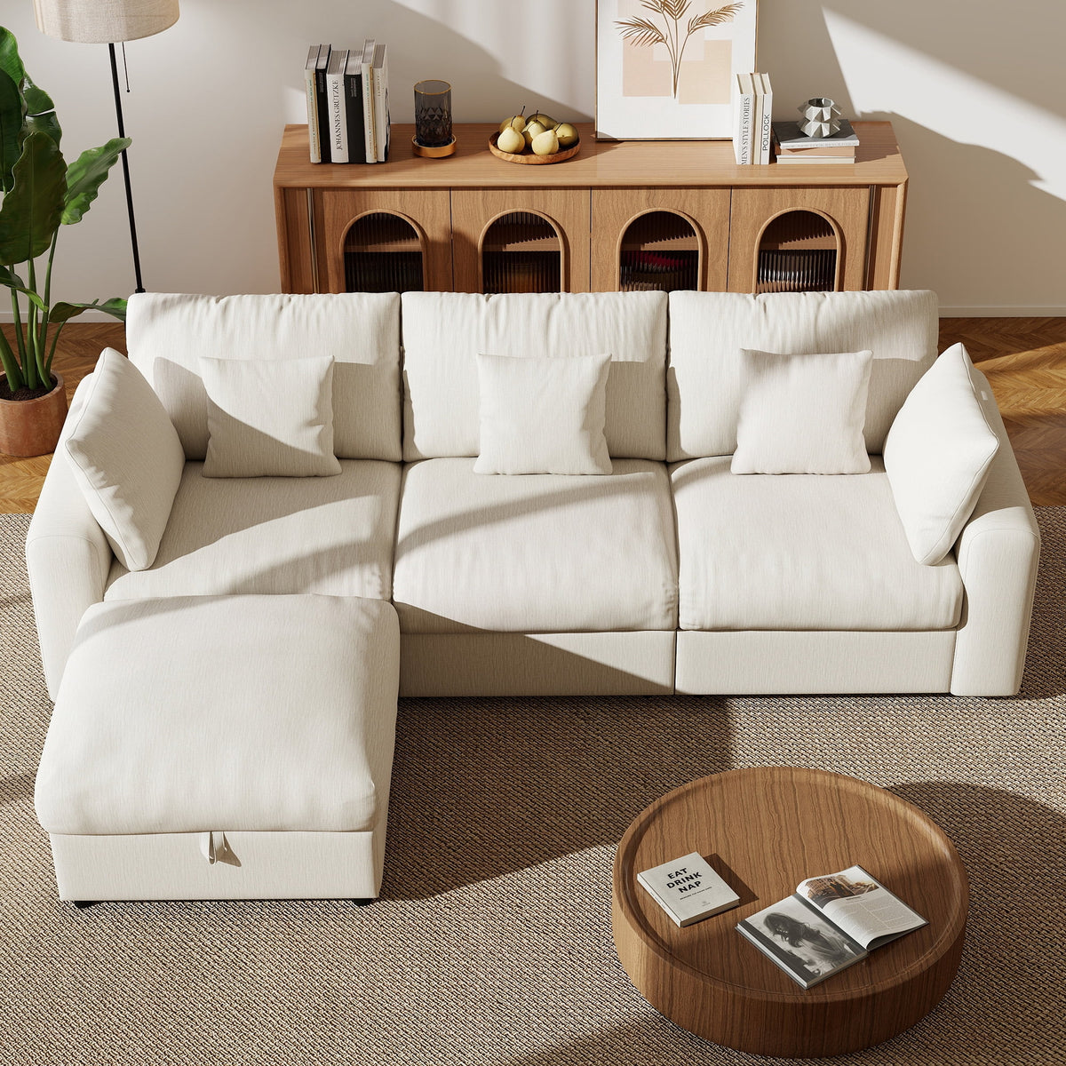  110" Large Modular Sectional Cloud Sofa with Removable Storage Ottoman, Extra Deep Seat Couch, Living Room Furniture, Chenille Beige
