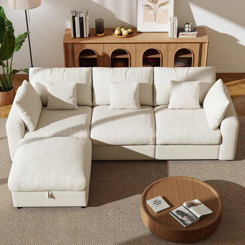  110" Large Modular Sectional Cloud Sofa with Removable Storage Ottoman, Extra Deep Seat Couch, Living Room Furniture, Chenille Beige