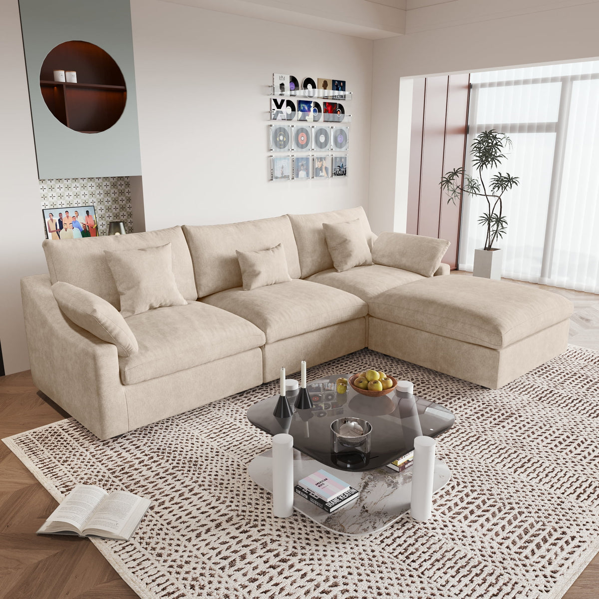 Sdorens 120" Modular Sectional Sofa,Comfy Cloud Couch with Movable Ottoman Deep Seat Chenille L Shaped Modular Sofa,Sectional Couches for Living Room,Bedroom and Apartment,Khaki