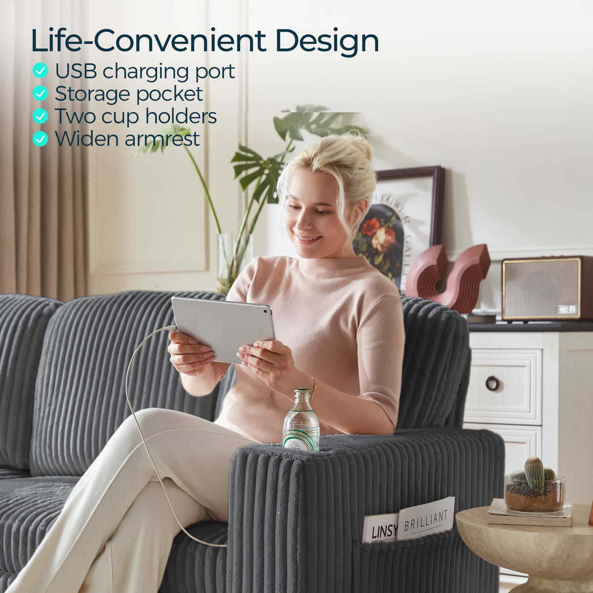  L Shaped Sectional Couches for Living Room, Sleeper Sofa Bed with Storage Seat, Pull Out Couch Bed with Cup Holder, Dark Gray