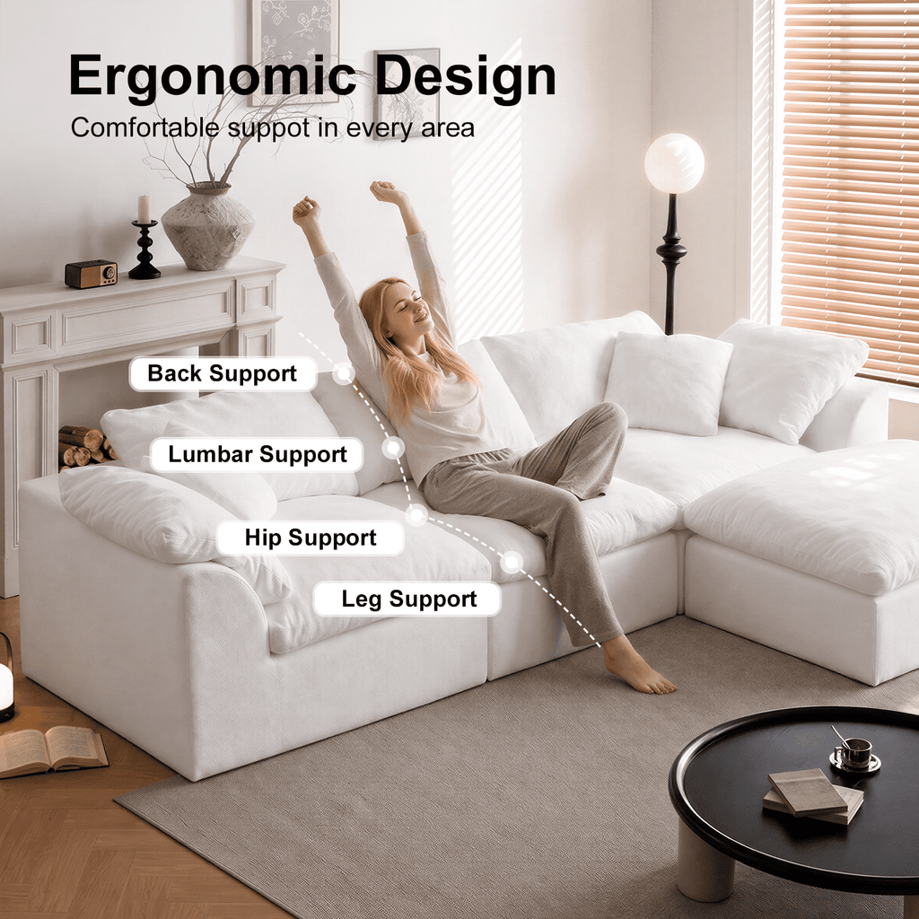 Boneless Modular Sectional Cloud Couch, Compressed Sofa in a Box with Deep Seat & Oversized Chaise, L-Shaped Chenille Sofa for Living Room(White)