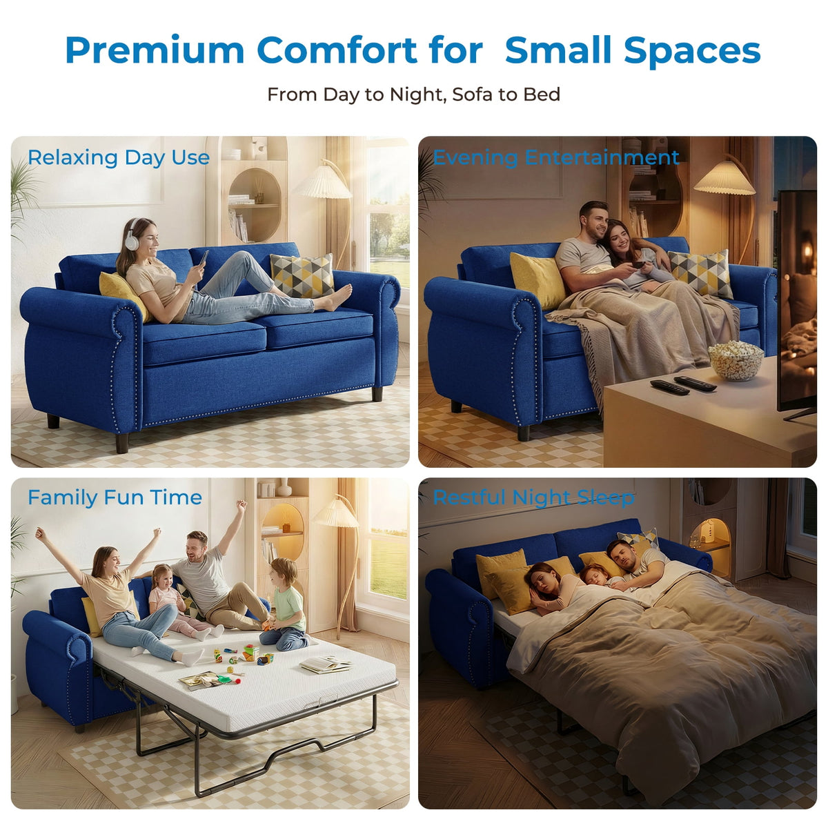 Mjkone Full Size Convertible Pull Out Sleeper Sofa Bed with Mattress for Living Room, Apartment or Office,Blue