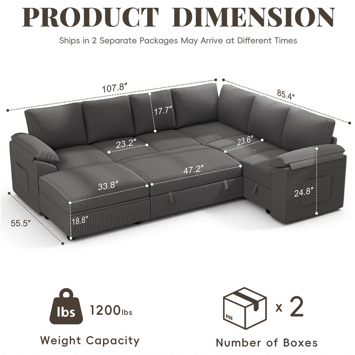Time Ray 7 Seaters Storage Sectional Sleeper Sofa with Pull Out Bed,Modular Sectional Sofa with Storage Ottoman,Side Pocket,2 Loveseat,Plush Corduroy Sectional Couches for Living Room,Grey