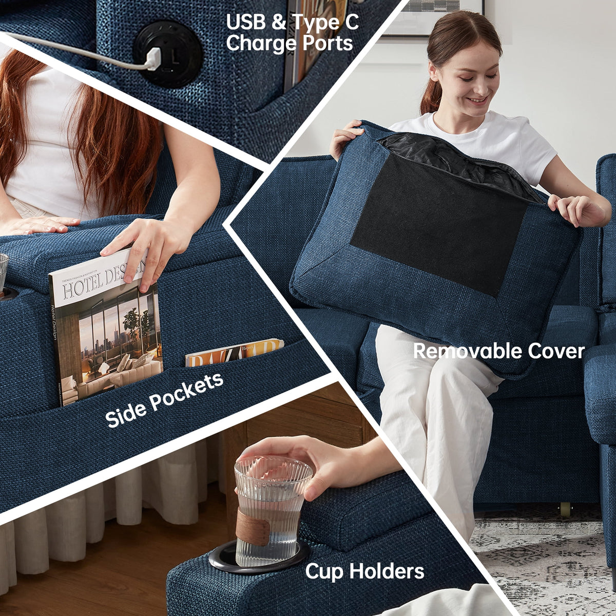 Sectional Couches Sofas Sleeper Bed U shape with Storage for Living Room Family Rooms Blue