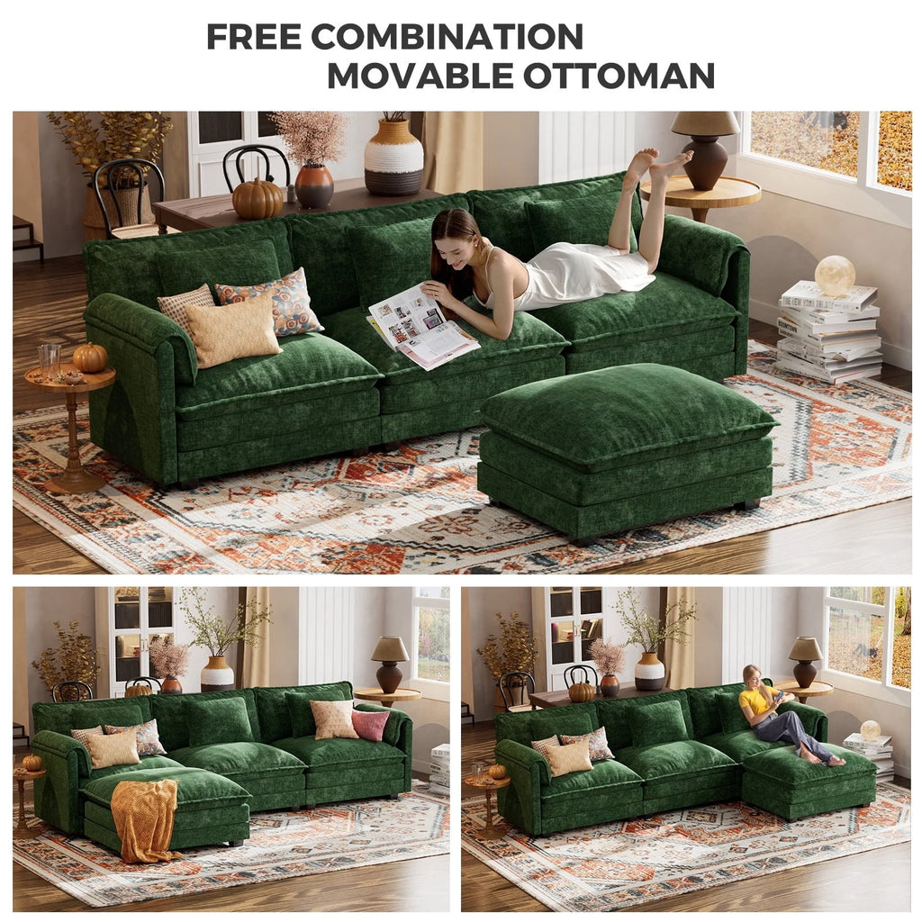 CDCASA 113" Modular Sectional Sofa with Movable Ottoman, 4-Seat Large L Shaped Couch with Deep Seat, Comfy Chenille Sectionals for Living Room, Green