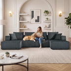  132" U Shape Cloud Sectional Sofa Oversized Modular Boneless Couch, Double Chaise Corduroy Sofa for Living Room, Dark Gray