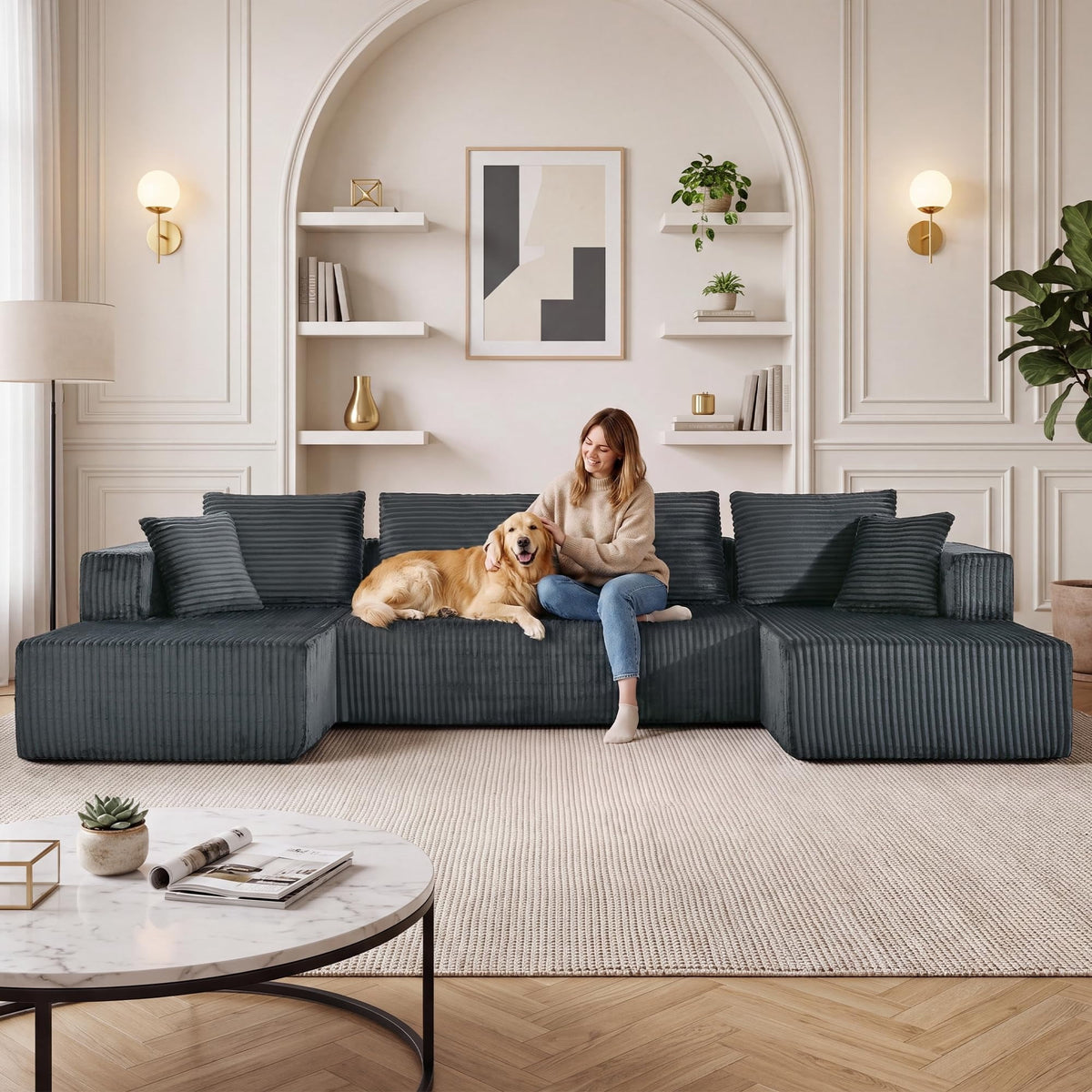  132" U Shape Cloud Sectional Sofa Oversized Modular Boneless Couch, Double Chaise Corduroy Sofa for Living Room, Dark Gray