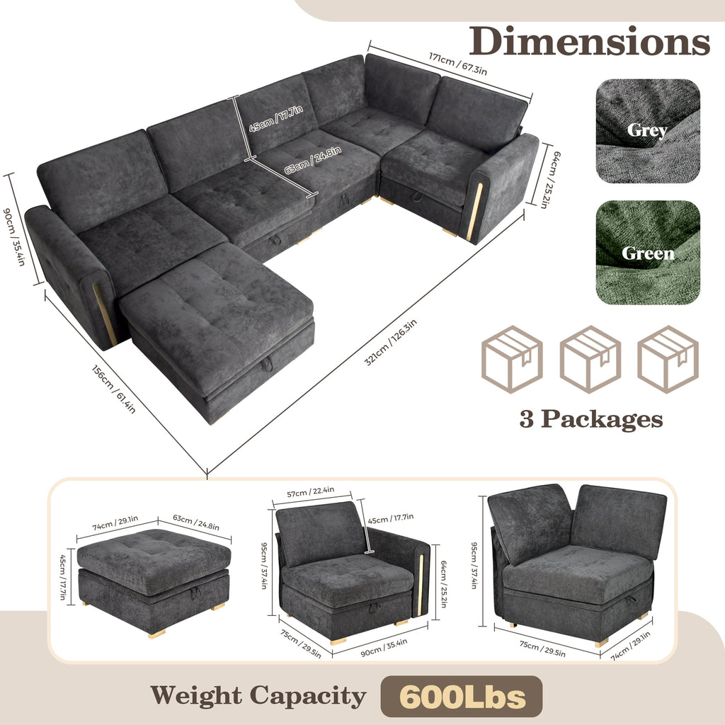 Advwin 126" U-Shaped Oversized Modular Sectional Sofa with Ottoman, Storage Under Each Seat & Gold Metal Accents, 5-Seater Modern Luxury Chenille Convertible Cloud Couch for Living Room, Dark Gray