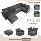 Advwin 126" U-Shaped Oversized Modular Sectional Sofa with Ottoman, Storage Under Each Seat & Gold Metal Accents, 5-Seater Modern Luxury Chenille Convertible Cloud Couch for Living Room, Dark Gray
