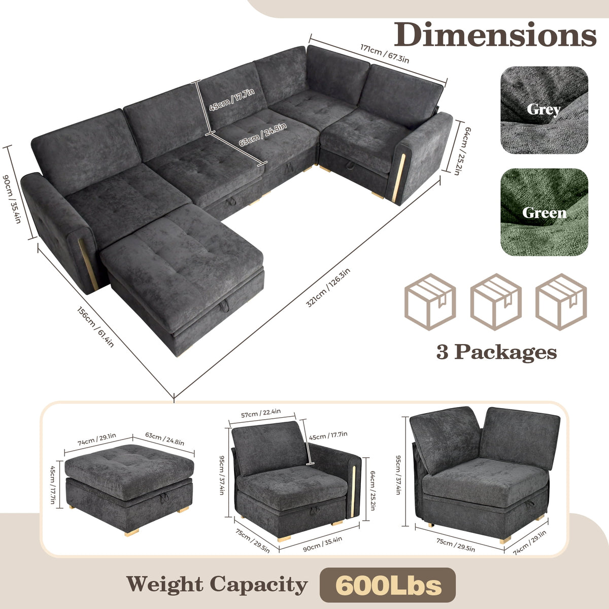 Advwin 126" U-Shaped Oversized Modular Sectional Sofa with Ottoman, Storage Under Each Seat & Gold Metal Accents, 5-Seater Modern Luxury Chenille Convertible Cloud Couch for Living Room, Dark Gray