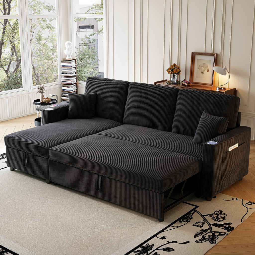 83" Sleeper Sectional Sofa, Comfy Convertible Sofa Bed with Pull Out Couches, Small Desktop, Corduroy L Shaped Couch with Reversible Storage Chaise & USB for Living Room Apartment,Black