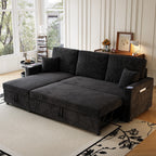 83" Sleeper Sectional Sofa, Comfy Convertible Sofa Bed with Pull Out Couches, Small Desktop, Corduroy L Shaped Couch with Reversible Storage Chaise & USB for Living Room Apartment,Black
