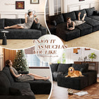 Muumblus 107" Cloud Sectional Sofa with Left Chaise, Cozy U-Shaped Modular Sofa with Ottoman, Plush Corduroy Sleeper Bed Couch, No Assembly Required, Black