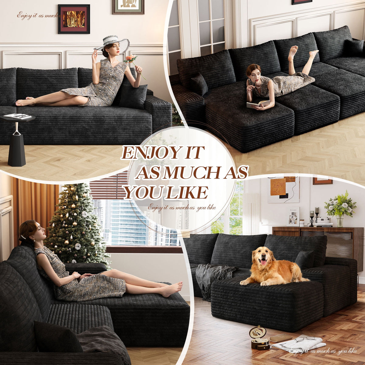 Muumblus 107" Cloud Sectional Sofa with Left Chaise, Cozy U-Shaped Modular Sofa with Ottoman, Plush Corduroy Sleeper Bed Couch, No Assembly Required, Black