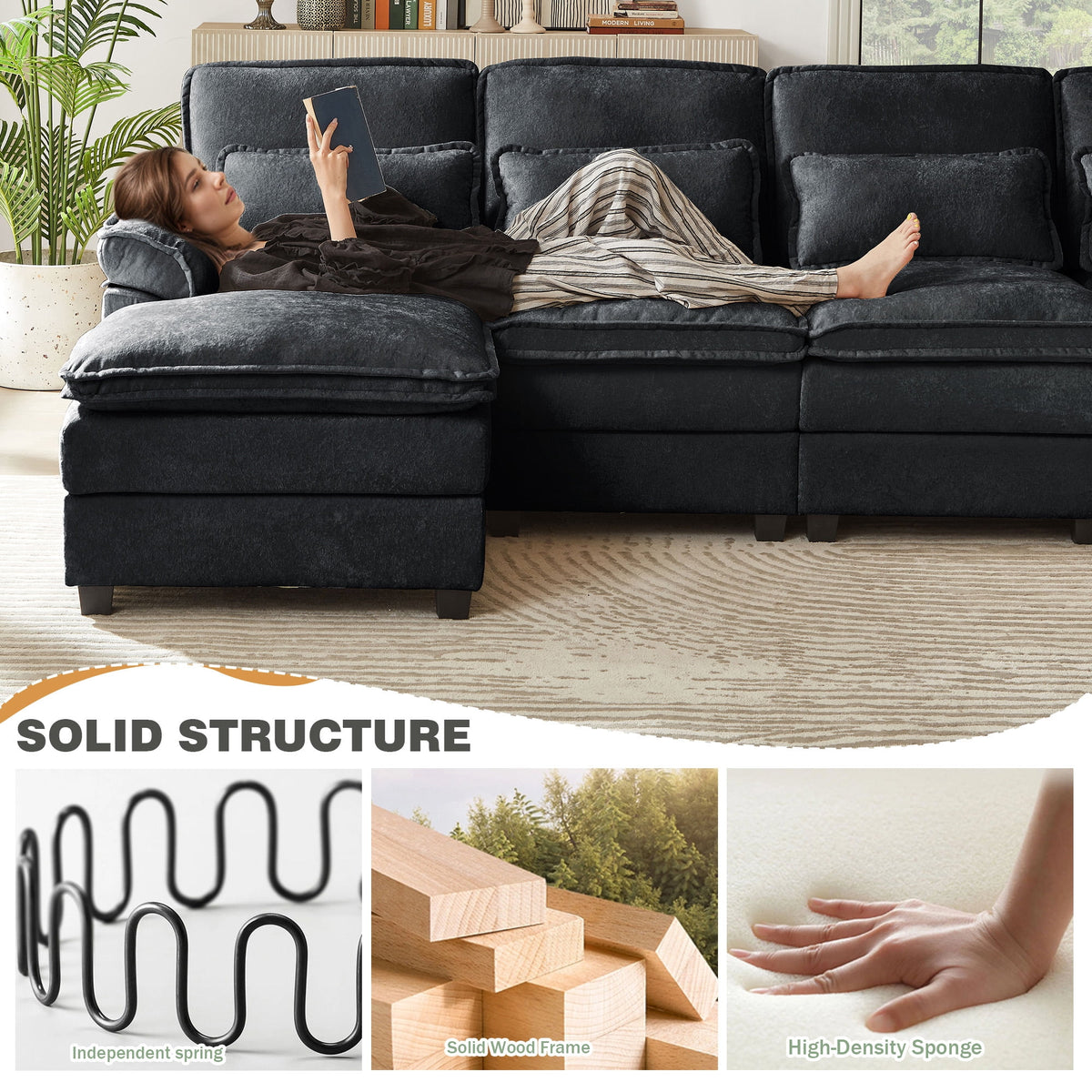  113" Sectional Sofa Oversized U Shaped Couch with Double Chaise,Cloud Couch with 4 Waist Pillows,Modern Linen Seating Furniture for Living Room Office Studio Apartment,Black