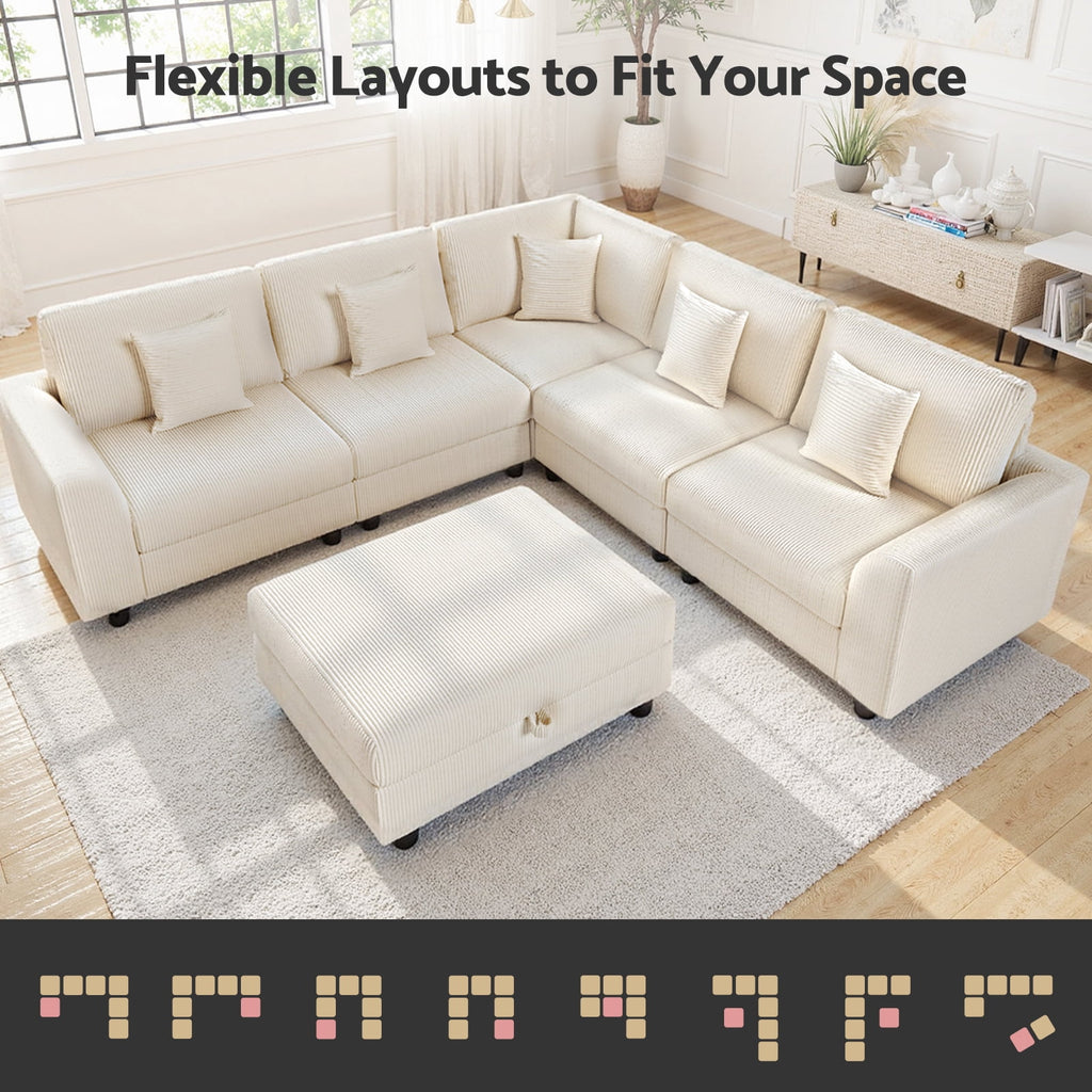 Advwin 146" Oversized Corduroy Modular Sectional Sofa, 6-Seat Convertible Sleeper Sofa with Ottoman & 5 Pillows, Modern L-Shaped Lounge Couch for Living Rooms, Beige