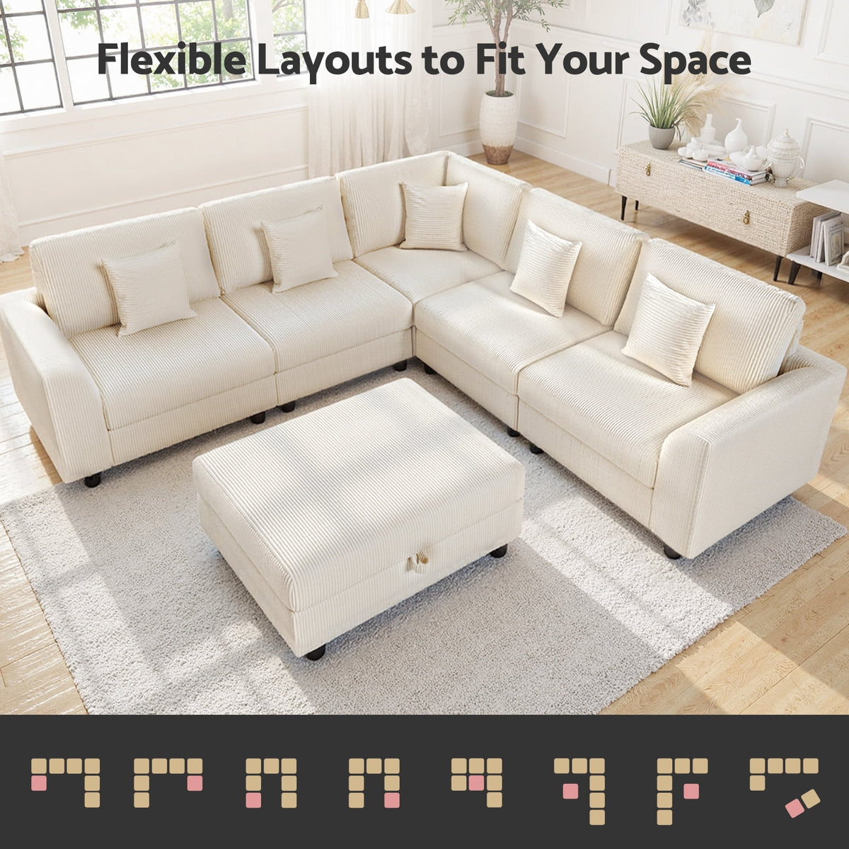 Advwin 146" Oversized Corduroy Modular Sectional Sofa, 6-Seat Convertible Sleeper Sofa with Ottoman & 5 Pillows, Modern L-Shaped Lounge Couch for Living Rooms, Beige