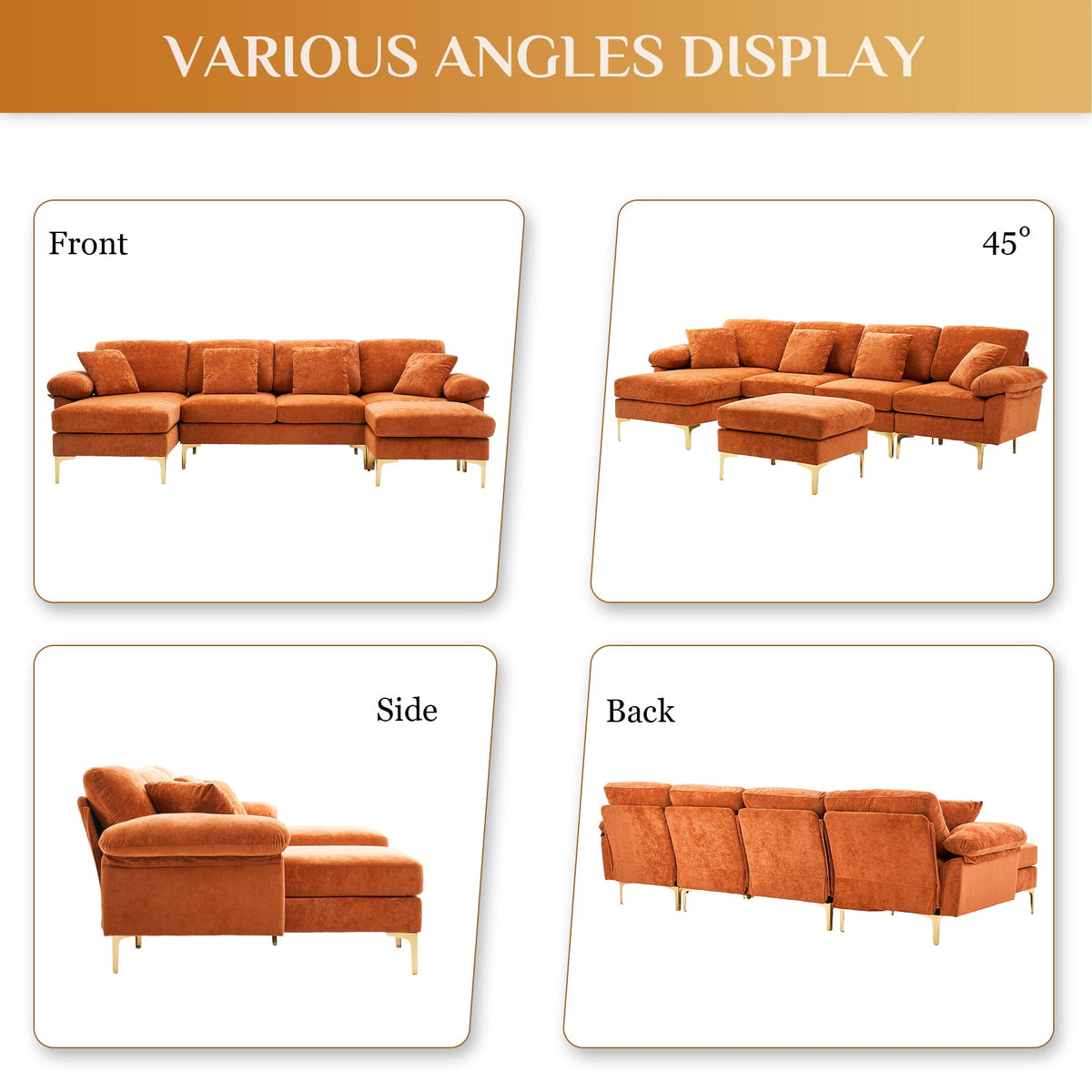 Wiilayok U Shaped Sectional Sofa,Velvet Modular 4 Seat Sofa Couch,114 inch L-Shaped Couch Set with Chaise Lounge, Ottoman& Pillows for Living Room,Orange