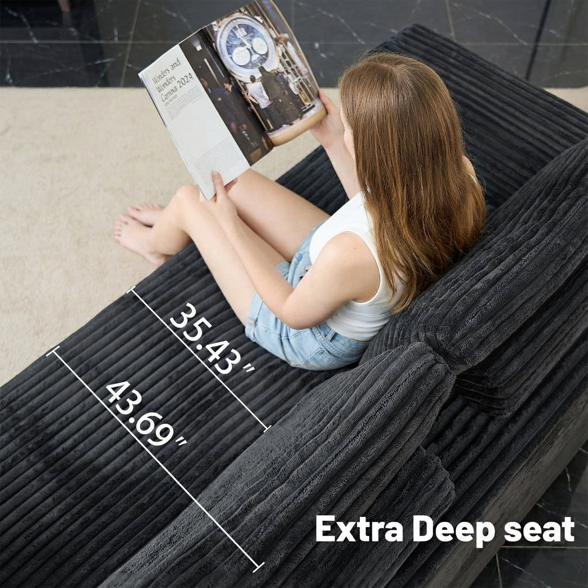  135.5" Sectional Couch, Black U Shaped Sofa for Living Room, Boneless Cloud Couch with Chaise,6-Seater, Corduroy Fabric, Freely Configurable Layout