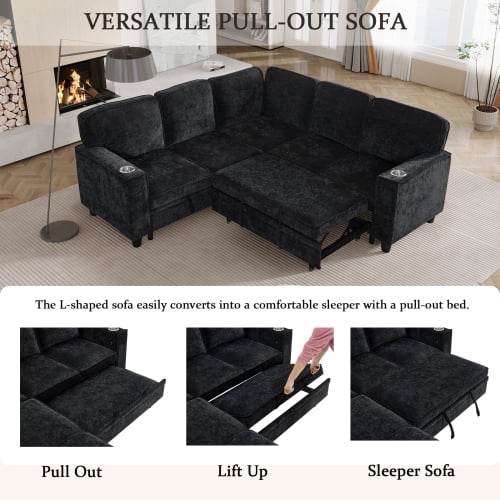  L-Shaped Sofa with Pull Out Sofa Bed, Sleeper Sofa Couch Bed with Storage Seat, 5 Seat Sectional Sofa Bed with USB, Sectional Sofa Couch for Living Room, Apartment,Black