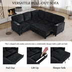  L-Shaped Sofa with Pull Out Sofa Bed, Sleeper Sofa Couch Bed with Storage Seat, 5 Seat Sectional Sofa Bed with USB, Sectional Sofa Couch for Living Room, Apartment,Black