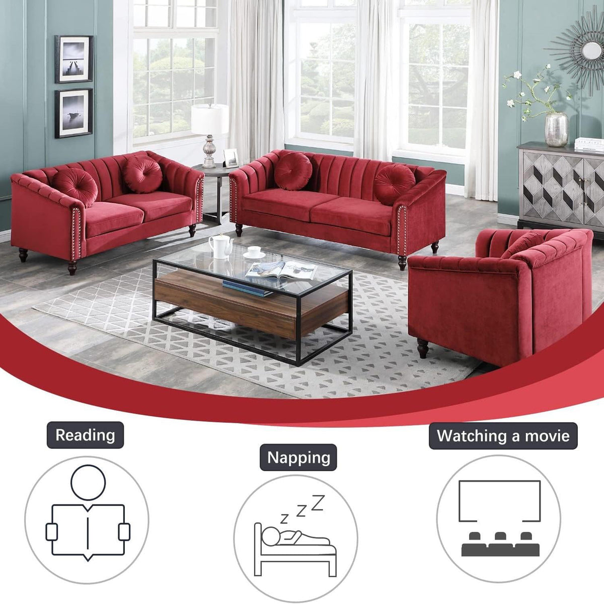  Chesterfield Velvet Sofa Couch with Nailhead Trim and 2 Pillows for Living Room,Red