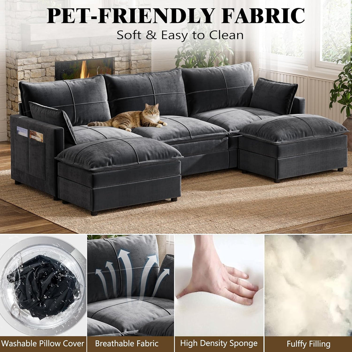 FANRAL 108" U-Shaped 5 Seat Modular Sectional Sofa, Sleeper Couch with Ottoman & Side Pockets, Modern Deep Seat Cloud Couch with Chaise for Living Room Bedroom Office,Gray Sectional Couch