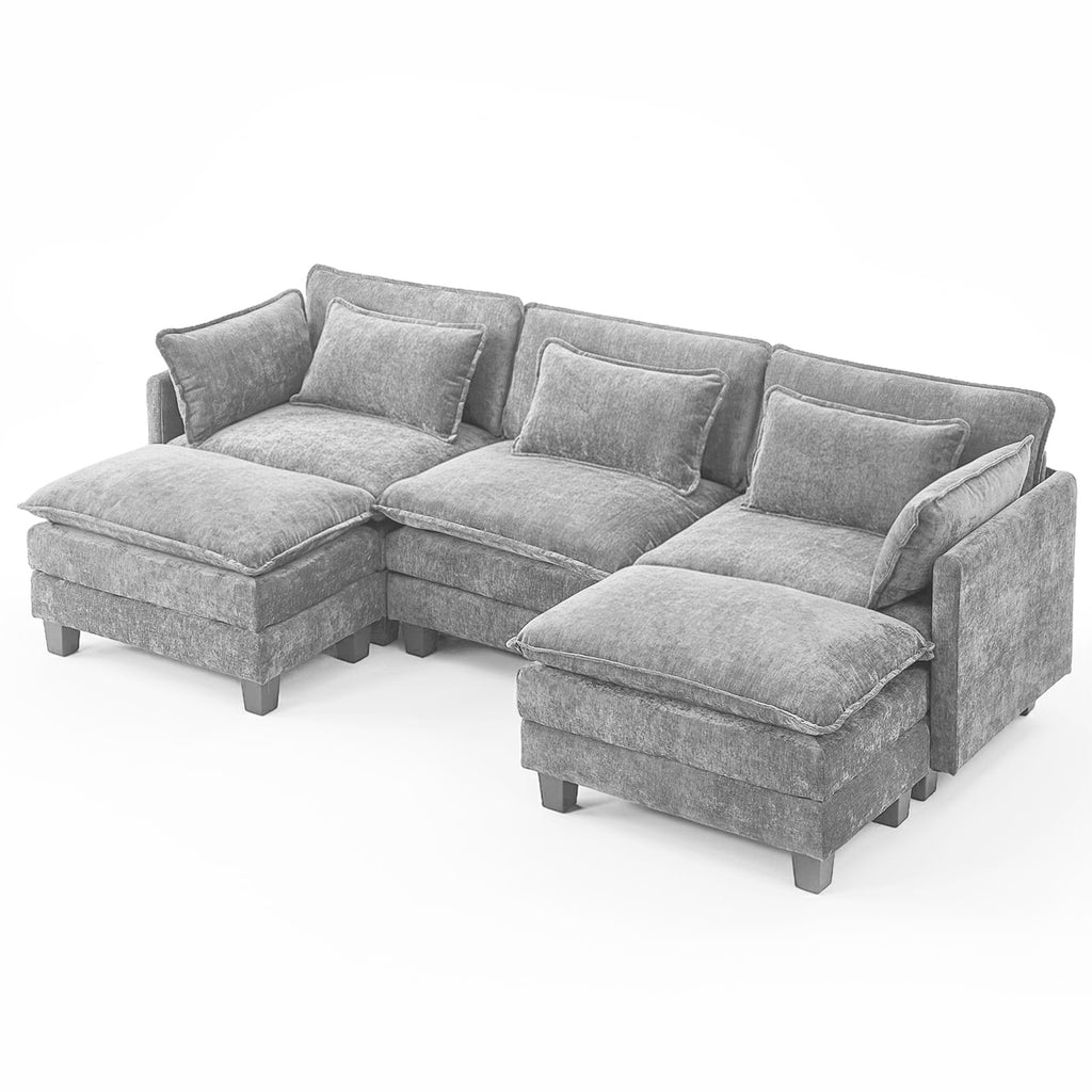  111" Modular Sectional Sofa with 2 Movable Ottomans, U-Shaped Oversized 3-Seat Chenille Cloud Sofa with 5 Pillows for Living Room, Gray