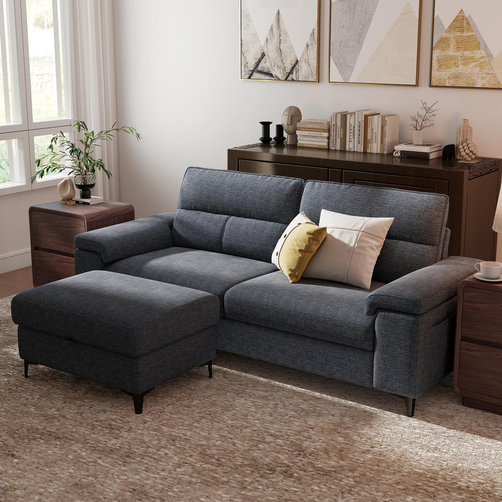 88" Loveseat Sofa with Storage Ottoman Adjustable Armrest 3-Seat L-Shaped Sectional Couch for Living Room Blue