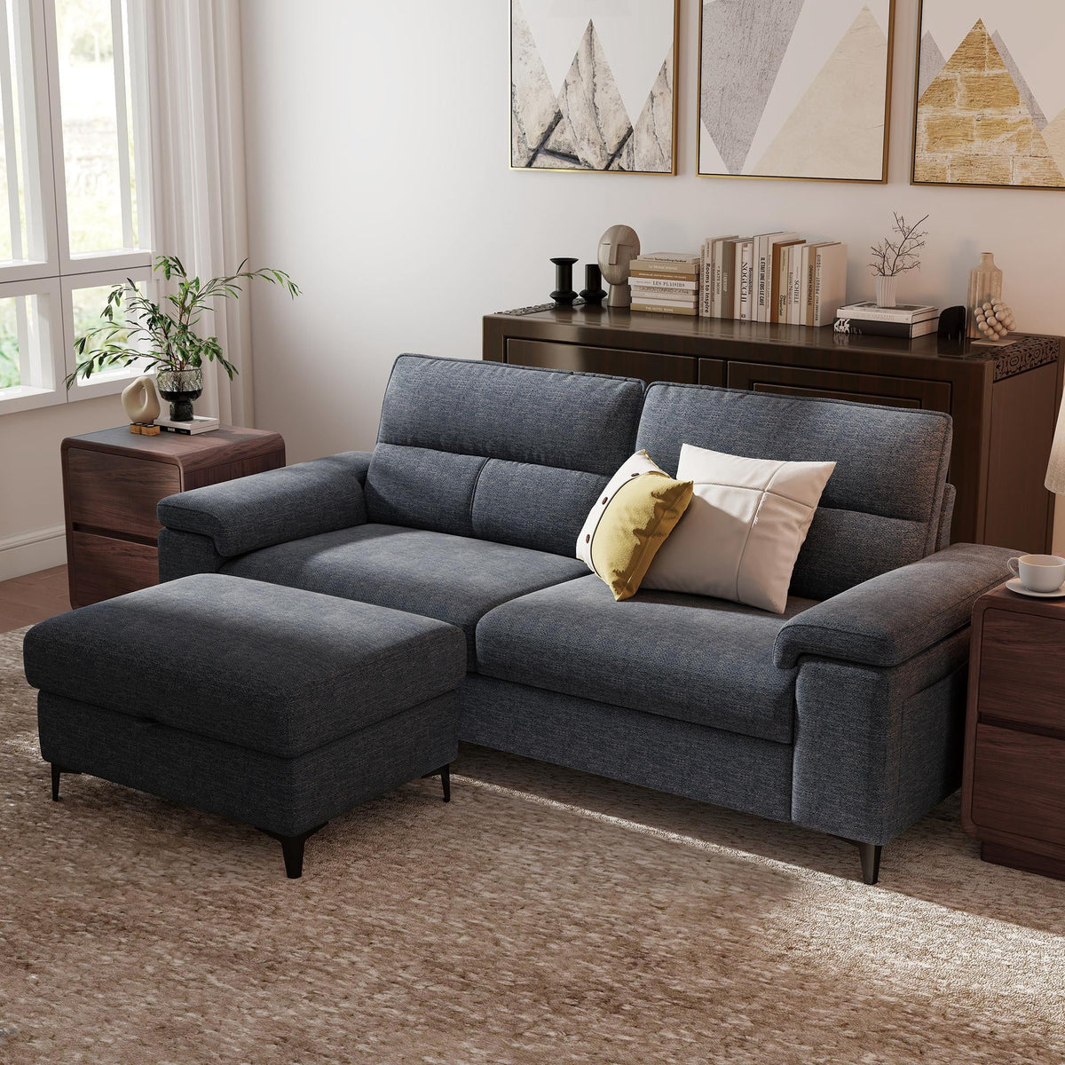88" Loveseat Sofa with Storage Ottoman Adjustable Armrest 3-Seat L-Shaped Sectional Couch for Living Room Blue