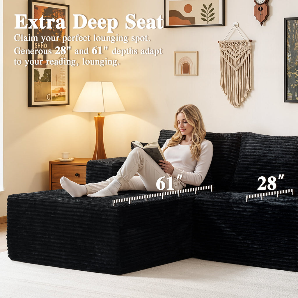  108" Boneless Couch L Shape Cloud Modular Sectional Couch with Chaise & Ottoman, Comfy Corduroy Sofa for Living Room, Apartment, Black