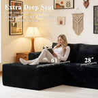  108" Boneless Couch L Shape Cloud Modular Sectional Couch with Chaise & Ottoman, Comfy Corduroy Sofa for Living Room, Apartment, Black