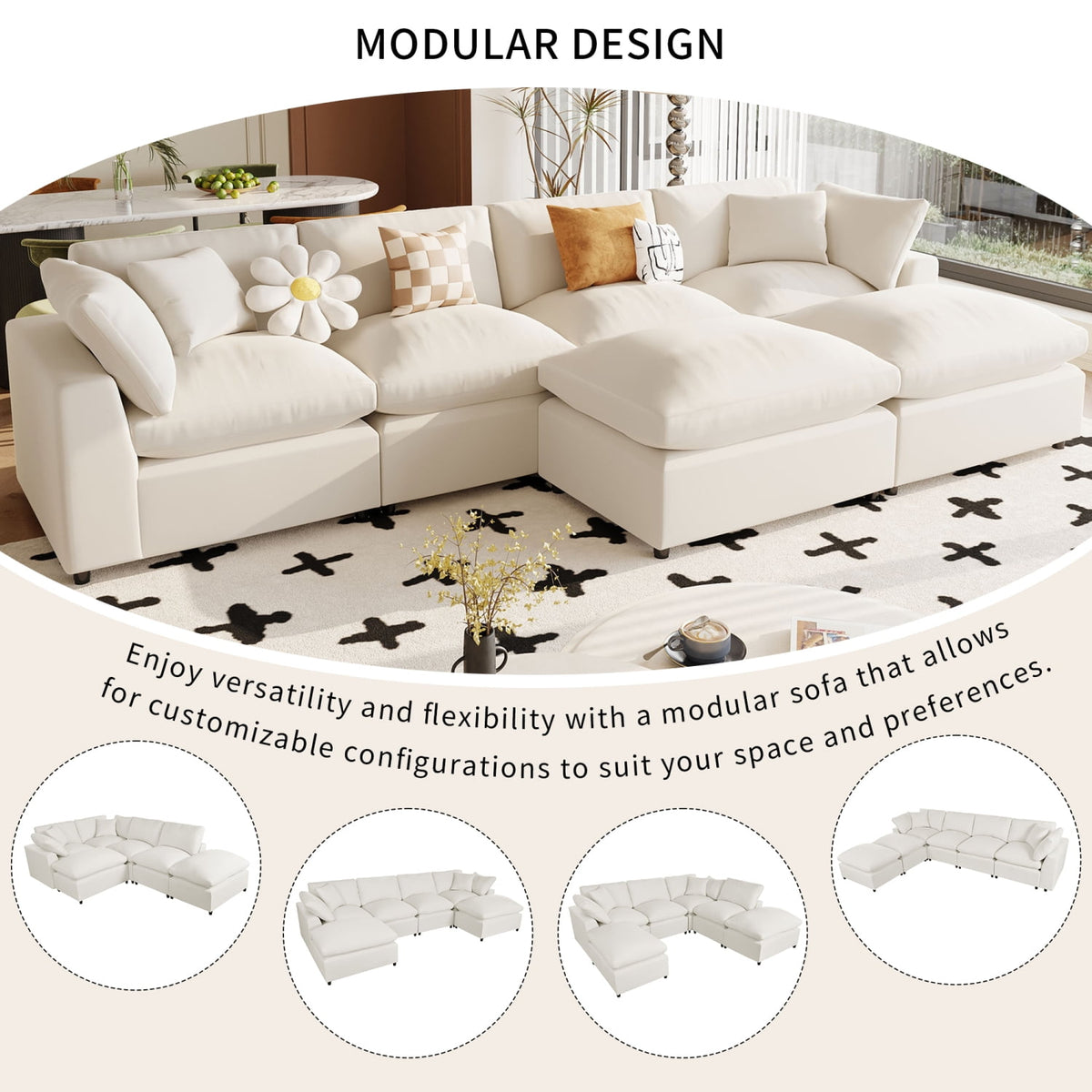 Harper & Bright Designs Convertible Modular Sectional Sofa with 2 Removable Ottomans & Pillows, Large U Shape Cloud Couch with Reversible Chaise for Living Room, Beige