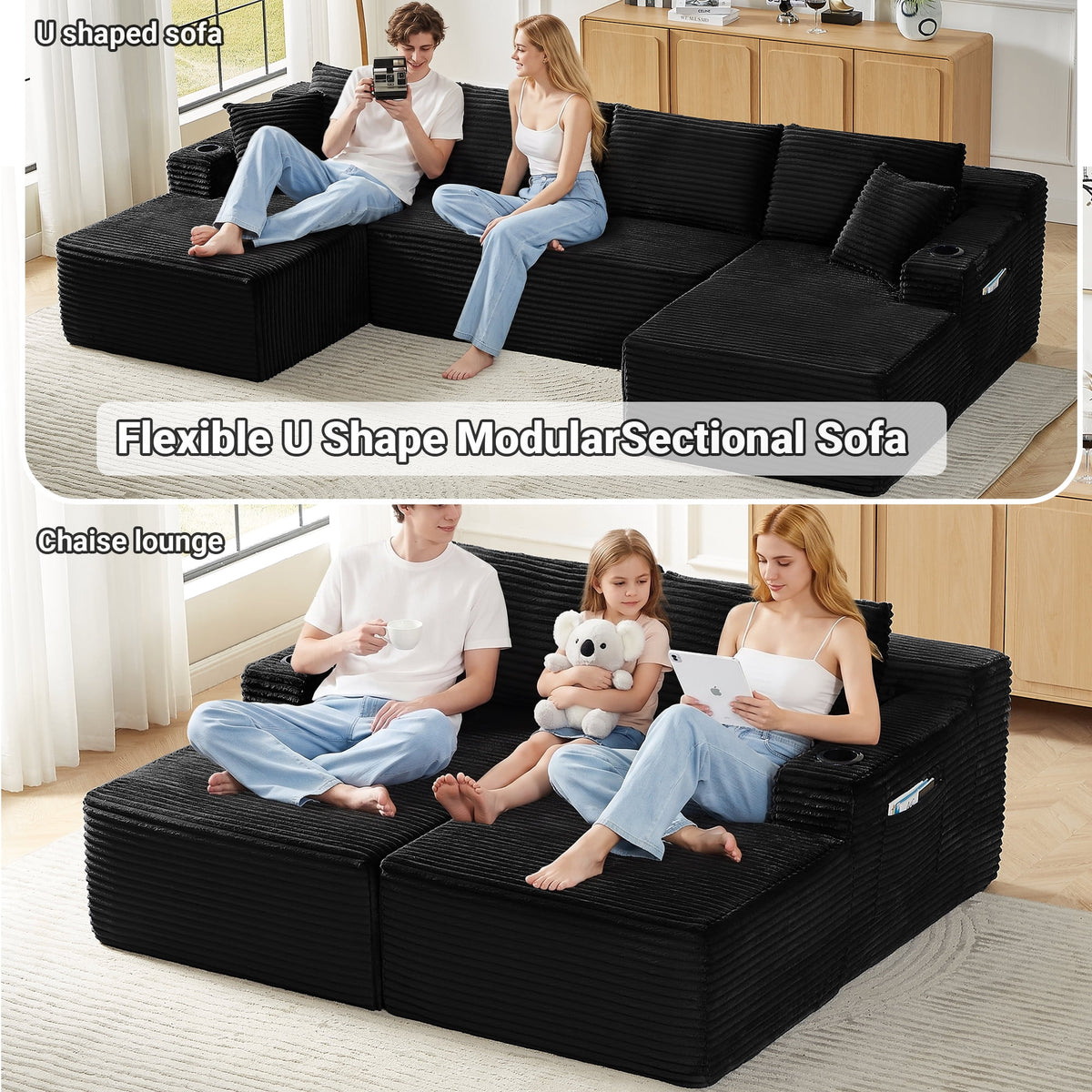  125 Inch Modular Cloud Couch Sectional Sofa for Living Room, Modern Corduroy Boneless Couch, Upholstered Deep Seat U Shape Sofas Couches, No Assembly Required, Black