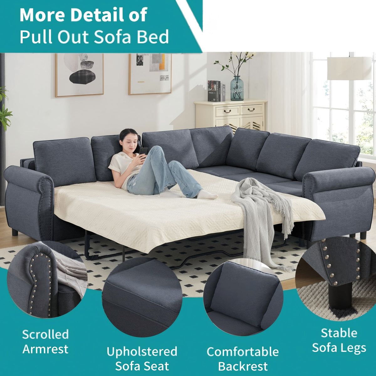  Sectional Sofa, Pull Out Sofa Bed Queen Size, 6 Seat Sofa Couch Convertible Sleeper Sofa Bed for Living Room Gray