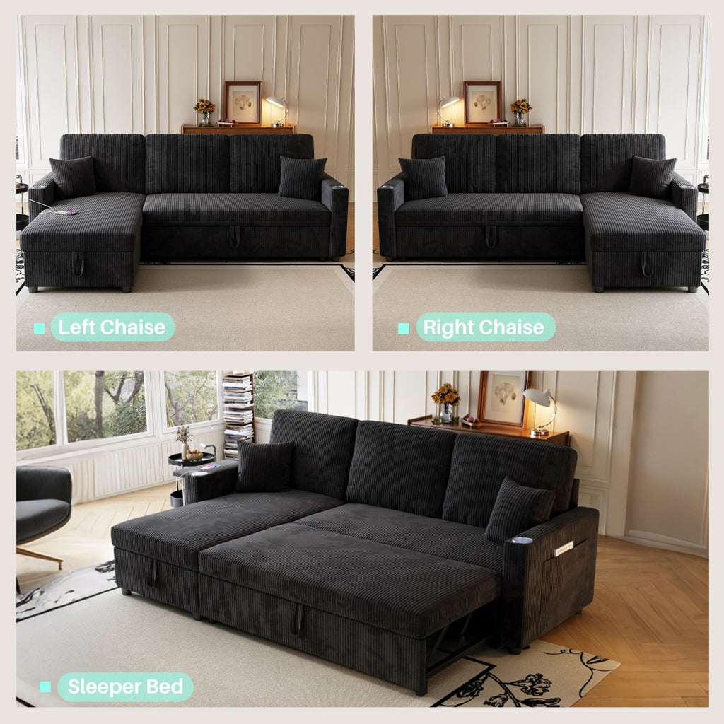 83" Sleeper Sectional Sofa, Comfy Convertible Sofa Bed with Pull Out Couches, Small Desktop, Corduroy L Shaped Couch with Reversible Storage Chaise & USB for Living Room Apartment,Black
