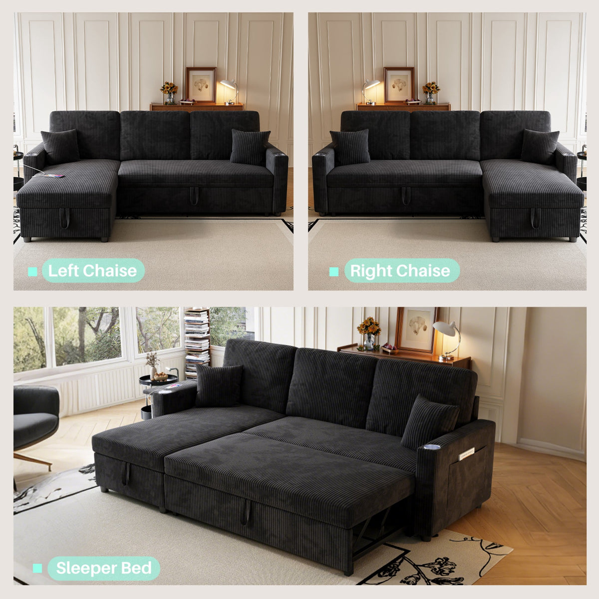 83" Sleeper Sectional Sofa, Comfy Convertible Sofa Bed with Pull Out Couches, Small Desktop, Corduroy L Shaped Couch with Reversible Storage Chaise & USB for Living Room Apartment,Black