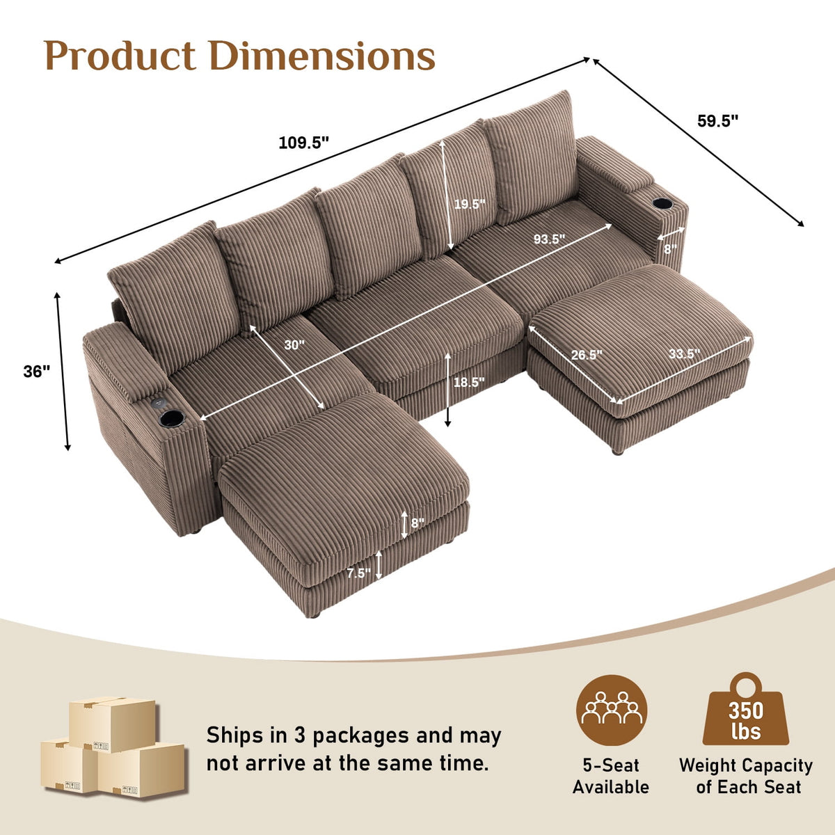 Wiilayok 110" Oversized U-Shaped Cloud Couch Sectional with Modular Design for Living Room: Comfy Corduroy, Ottoman, USB Port, Cup Holder, Armrest Storage, Side Pocket, Brown
