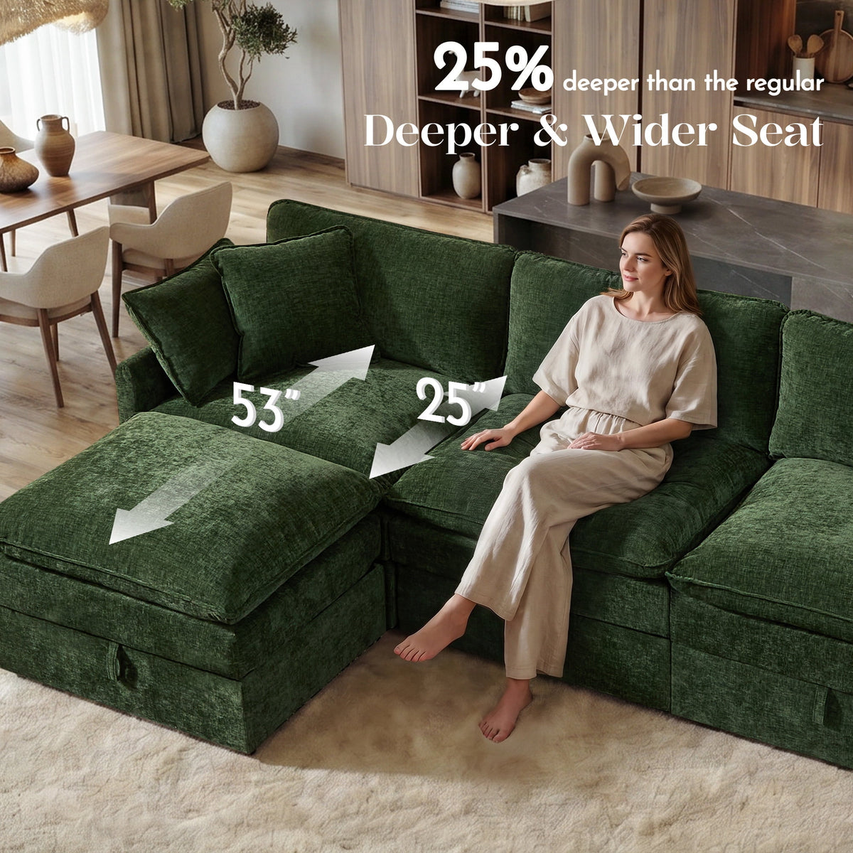 Hombryzy 103" Deep Seat Sectional Sofa with Storage, L Shaped Cloud Couch with Movable Ottomans for Living Room,Green
