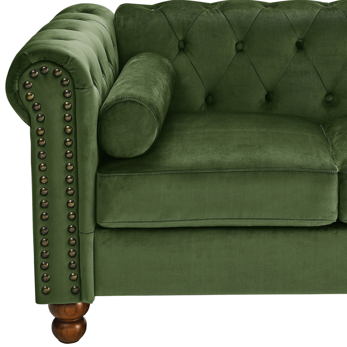 AmoDwell Tufted Velvet Sofa Couch for Living Room, Plush Rolled Arm 3-Seater Sofa Couch with Nailhead Trim and 2 Neck Roll Pillows, Small Apartment Chesterfield Sofa