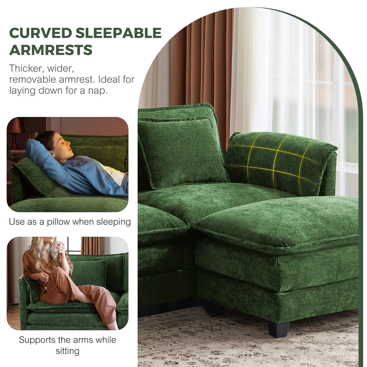 CDCASA 113" Modular Sectional Sofa with Movable Ottoman, 4-Seat Large L Shaped Couch with Deep Seat, Comfy Chenille Sectionals for Living Room, Green