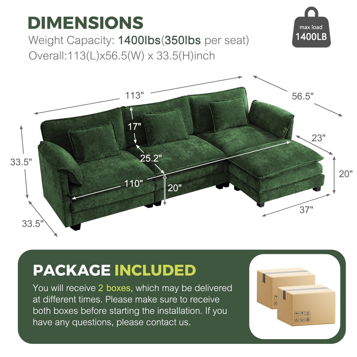 JULY'S SONG 113" L Shaped Couch Set, Deep Seat Modular Sectional Sofa with Movable Ottoman, Plush Couches and Sofas Detachable Cushions, Chenille Sectionals for Living Room, Green