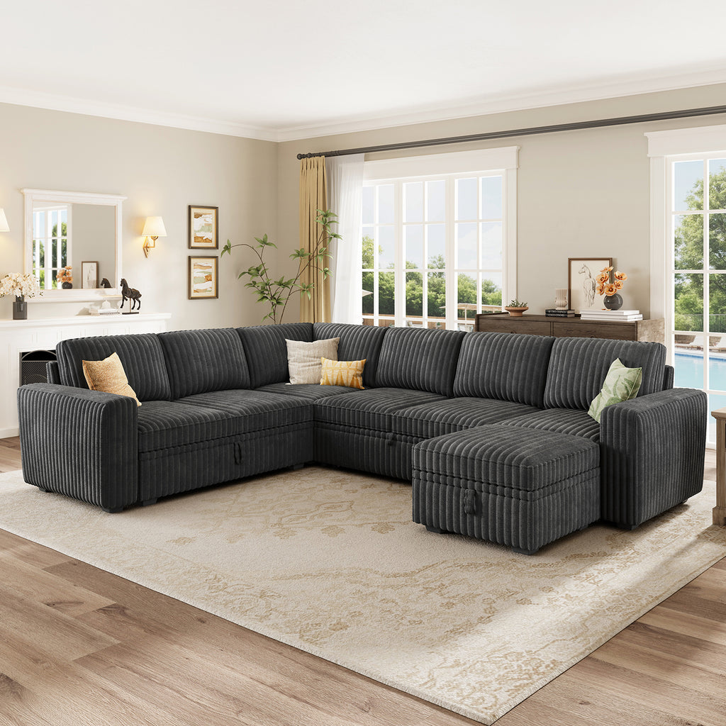 Marrber 106? Oversized Modern Plush Corduroy U-Shaped Modular 7-Seater Pull-Out Sectional Sleeper Sofa Bed with Hidden Storage for Living Room and Apartment, Easy Assembly, Dark Gray