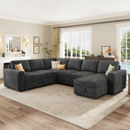 Marrber 106? Oversized Modern Plush Corduroy U-Shaped Modular 7-Seater Pull-Out Sectional Sleeper Sofa Bed with Hidden Storage for Living Room and Apartment, Easy Assembly, Dark Gray