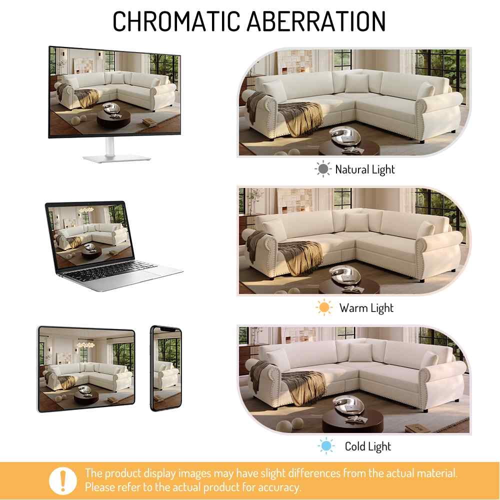 FFH 88.2" Sectional Sofa with Pull Out Bed, Convertible Sleeper Sofa, 5 Seater Chenille Couch for Living Room, Beige